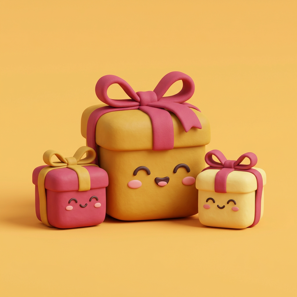 Smiling gift box characters with pink ribbons